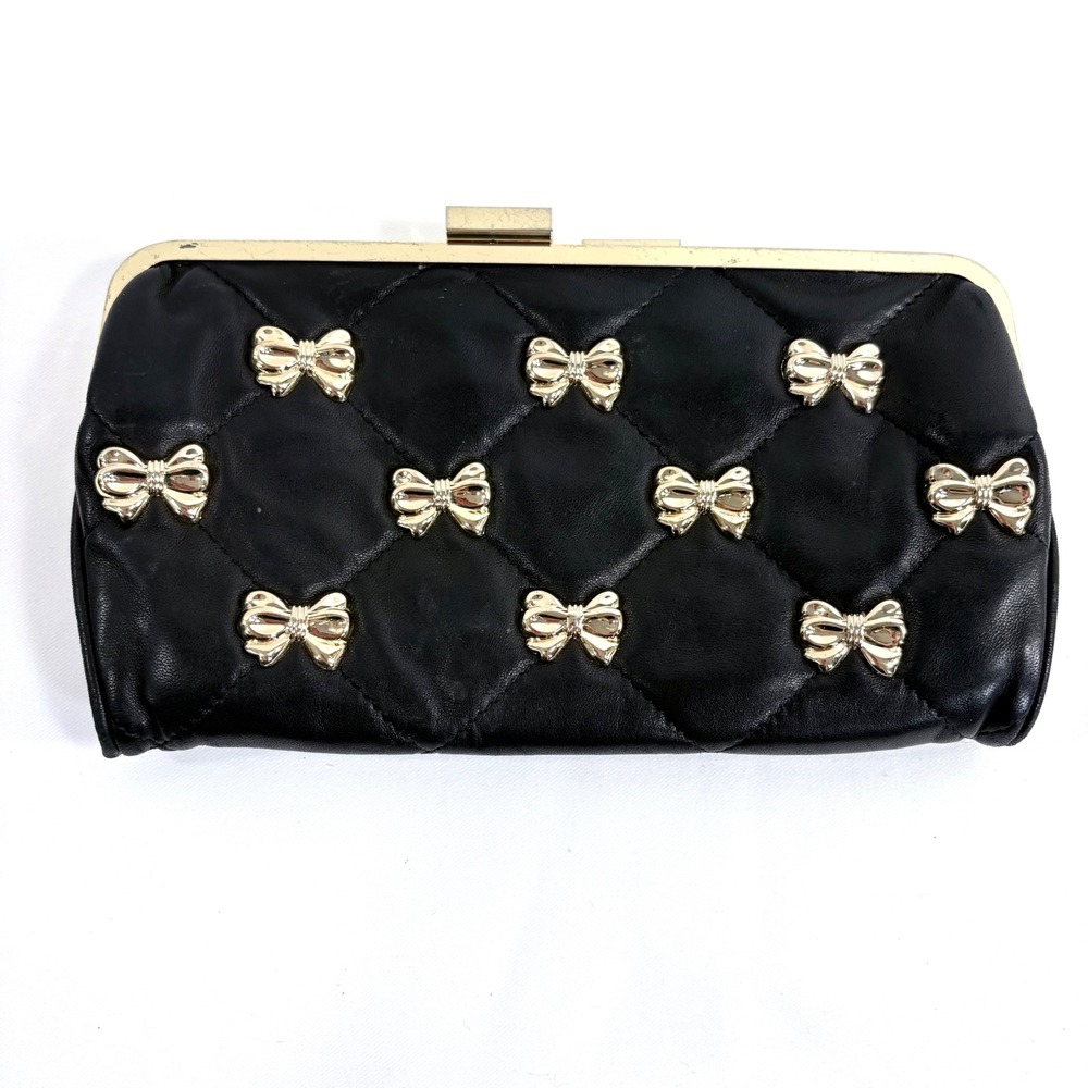 Betsey Johnson Clutch Black Quilted Lamb Leather Gold‎ Bow Studded Bag Rare